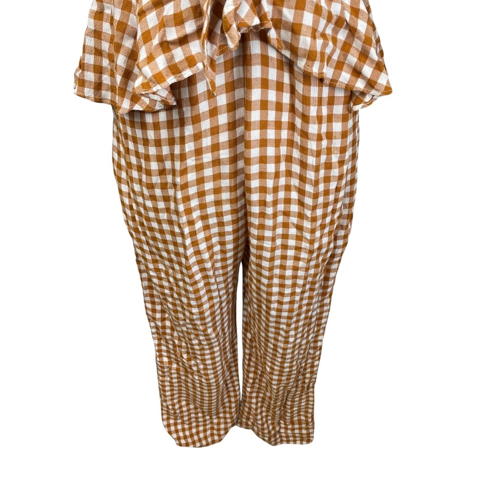 Anthropologie Brown & White Gingham Tie-Front Wide-Leg Jumpsuit - Picture 6 of 11